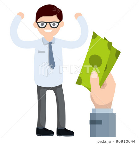 Office man worker in suit and tie. Big hand with green money salaries. successful businessman. White shirt. Rich guy. Cartoon flat illustration Office man worker in suit and tie. Big hand with green money salaries. successful businessman. White shirt. Rich guy. Cartoon flat illustration 90910644
