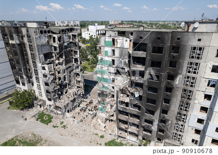 Borodyanka, Ukraine - a destroyed building during the war, Bucha district 90910678