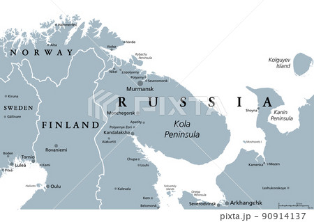 Murmansk Oblast, Kola Peninsula, gray political map. Federal subject of Russia, part of Lapland region, bordering Norway and Finland. With Murmansk, most important port city of Russia on Arctic Ocean. Murmansk Oblast, Kola Peninsula, gray political map. Federal subject of Russia, part of Lapland region, bordering Norway and Finland. With Murmansk, most important port city of Russia on Arctic Ocean. 90914137