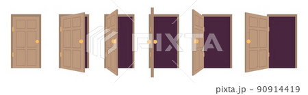 Door open or close. Sprite animation game house. 2D stage office room. Wood entrance. Sequence process steps. Interior doorway. Wooden entry. Architecture elements set. Vector concept 90914419