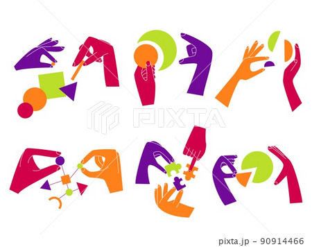 Hand with puzzles. Cartoon teamwork concept with arms holding and working with abstract geometric objects. Join jigsaw colorful pieces. Vector set of data analytics or problem solving 90914466
