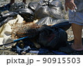 bags of collected garbage from the beach for recycling, cleaning the beach from pollution 90915503