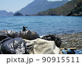 bags of collected garbage from the beach for recycling, cleaning the beach from pollution 90915511