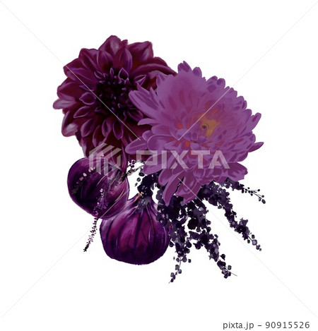 Purple bouquets. Purple flowers, berries and figs. - Stock Illustration  [90915526] - PIXTA