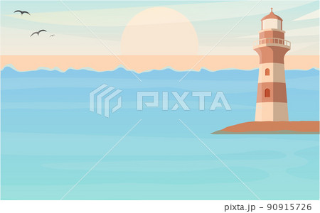 Lighthouse by the sea. Seascape, signal building by the sea. Coast landscape with lighthouse 90915726