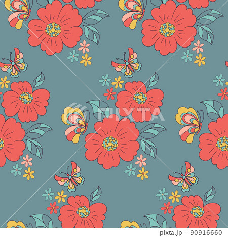 Retro 70s 60s Floral Hippie Summer Groovy Butterfly Flower Power Flower Child vector seamless pattern. Retro colours butterflies among flowers. Retro 70s 60s Floral Hippie Summer Groovy Butterfly Flower Power Flower Child vector seamless pattern. Retro colours butterflies among flowers. 90916660