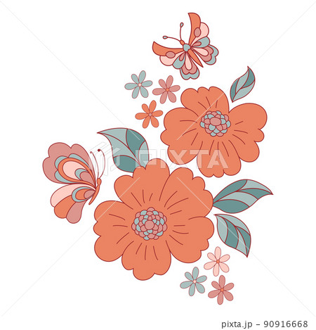 Flower and Butterfly arrangement Retro 70s 60s Groovy Hippie Flower Power vibes vector illustration isolated on white. Boho Summer retro colours floral print. Flower and Butterfly arrangement Retro 70s 60s Groovy Hippie Flower Power vibes vector illustration isolated on white. Boho Summer retro colours floral print. 90916668