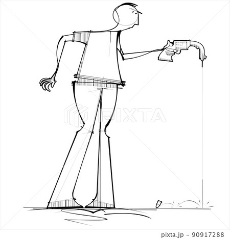 A man fires a gun and it goes rather droopy 90917288