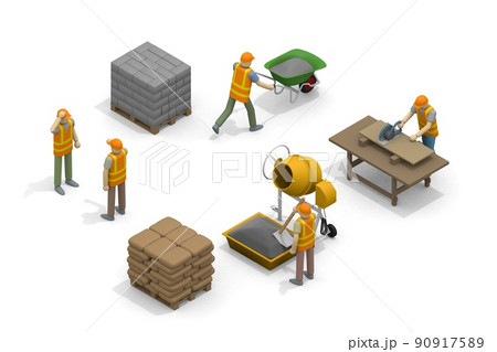 家を建てる。工事現場で働く人々。建築の資材。木材をノコギリで切る。ブロックを積み上げる。 90917589