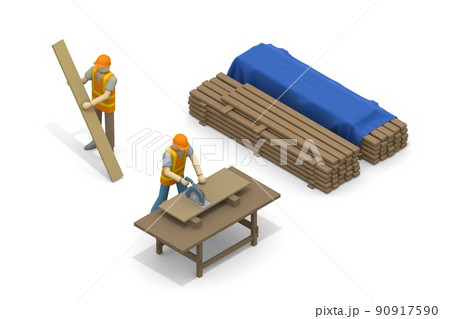 家を建てる。工事現場で働く人々。建築の資材。木材をノコギリで切る。ブロックを積み上げる。 家を建てる。工事現場で働く人々。建築の資材。木材をノコギリで切る。ブロックを積み上げる。 90917590