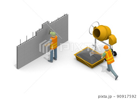 家を建てる。工事現場で働く人々。建築の資材。木材をノコギリで切る。ブロックを積み上げる。 家を建てる。工事現場で働く人々。建築の資材。木材をノコギリで切る。ブロックを積み上げる。 90917592