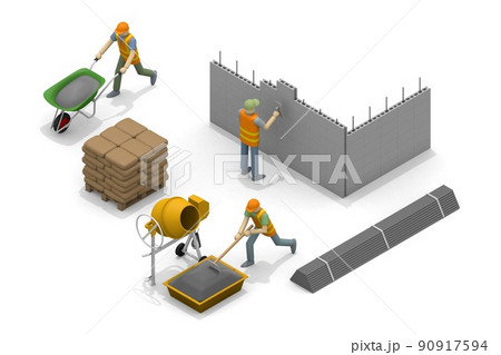 家を建てる。工事現場で働く人々。建築の資材。木材をノコギリで切る。ブロックを積み上げる。 家を建てる。工事現場で働く人々。建築の資材。木材をノコギリで切る。ブロックを積み上げる。 90917594