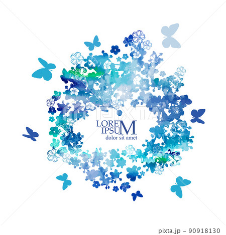 Abstraction from blue flowers and butterflies. Round floral frame for text. Vector illustration 90918130