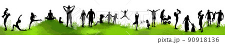 Family in nature. Silhouettes of people on the grass. Vector illustration Family in nature. Silhouettes of people on the grass. Vector illustration 90918136