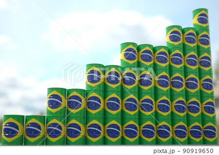 Stacks of steel drums with flag of Brazil form increasing chart or upwards trend. Petroleum industry success concept, 3D rendering 90919650