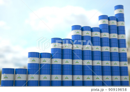 Barrels with flag of Nicaragua form rising chart or upwards trend. Oil industry success concept, 3D rendering 90919658