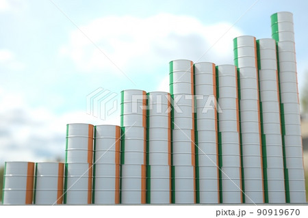 Stacks of steel drums with flag of Ireland form increasing chart or upwards trend. Petroleum industry success concept, 3D rendering Stacks of steel drums with flag of Ireland form increasing chart or upwards trend. Petroleum industry success concept, 3D rendering 90919670