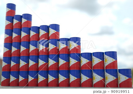 Oil barrels with flag of the Philippines form downward trend. Petroleum industry problems concept, 3D rendering Oil barrels with flag of the Philippines form downward trend. Petroleum industry problems concept, 3D rendering 90919951