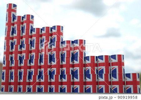 Oil barrels with flag of the United Kingdom form downward trend. Petroleum industry problems concept, 3D rendering Oil barrels with flag of the United Kingdom form downward trend. Petroleum industry problems concept, 3D rendering 90919958