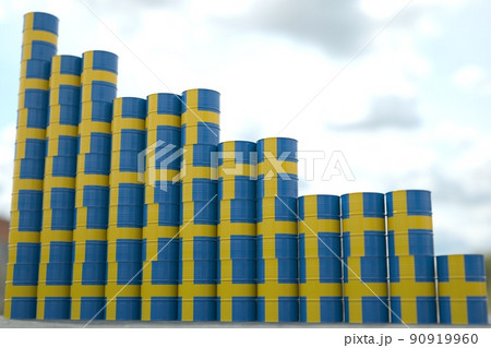 Flag of Sweden on oil barrels forming downward trend. Petrochemical industry crisis or sanctions concept, 3D rendering Flag of Sweden on oil barrels forming downward trend. Petrochemical industry crisis or sanctions concept, 3D rendering 90919960