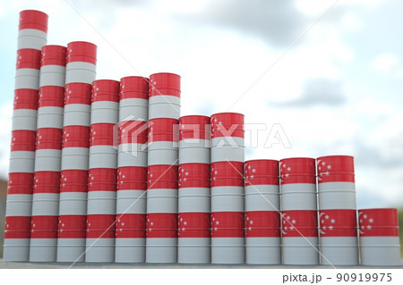 Oil barrels with flag of Singapore form downward trend. Petroleum industry problems concept, 3D rendering 90919975