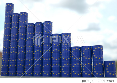 Oil barrels with flag of the European Union form downward trend. Petroleum industry problems concept, 3D rendering Oil barrels with flag of the European Union form downward trend. Petroleum industry problems concept, 3D rendering 90919984