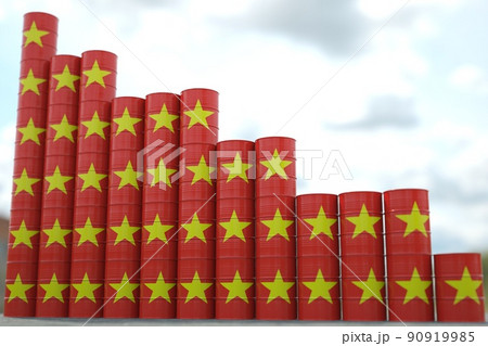 Rows of steel oil barrels with flag of Vietnam form downward trend. Petroleum industry crisis concept, 3D rendering Rows of steel oil barrels with flag of Vietnam form downward trend. Petroleum industry crisis concept, 3D rendering 90919985