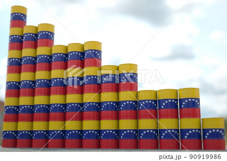 Rows of oil barrels with flag of Venezuela form downward trend. Petroleum industry crisis concept, 3D rendering Rows of oil barrels with flag of Venezuela form downward trend. Petroleum industry crisis concept, 3D rendering 90919986