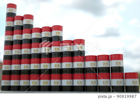 Flag of Egypt on oil barrels forming downward trend. Petrochemical industry crisis or sanctions concept, 3D rendering Flag of Egypt on oil barrels forming downward trend. Petrochemical industry crisis or sanctions concept, 3D rendering 90919987
