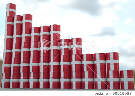 Oil barrels with flag of Denmark form downward trend. Petroleum industry problems concept, 3D rendering 90919988