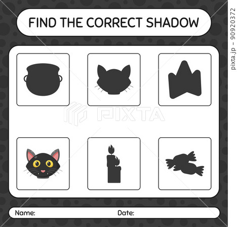 Find the correct shadows game with black cat. worksheet for preschool kids, kids activity sheet Find the correct shadows game with black cat. worksheet for preschool kids, kids activity sheet 90920372