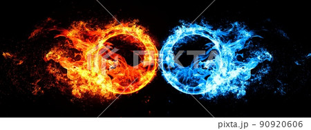 赤の火と青の火が渦巻く3Dイラスト 90920606
