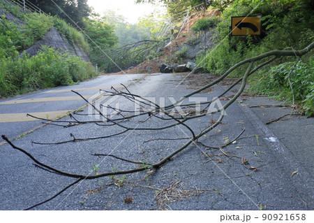 自然災害で起きた土砂崩れのために全面通行止めとなった道路 自然災害で起きた土砂崩れのために全面通行止めとなった道路 90921658