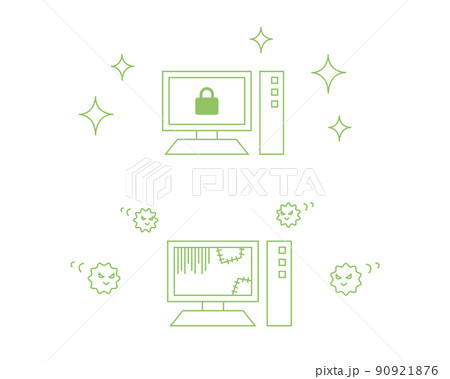 セキュリティのしっかりしたパソコンと、ウイルスに狙われているパソコンのベクターイラスト 90921876