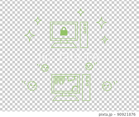 具有良好安全性的計算機和受病毒攻擊的計算機的矢量圖解 90921876