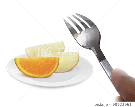 Apple Orange fruit on dish and fork isolated on white background Apple Orange fruit on dish and fork isolated on white background 90923961