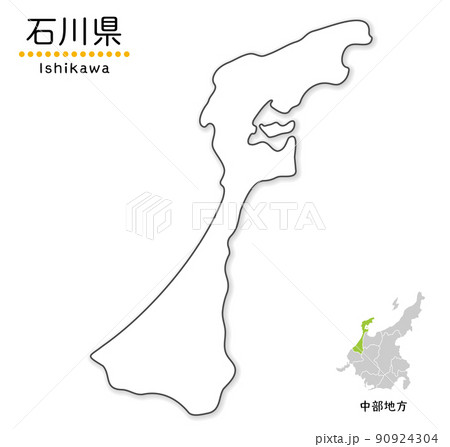 石川県の単純化したかわいい地図、地方と場所
