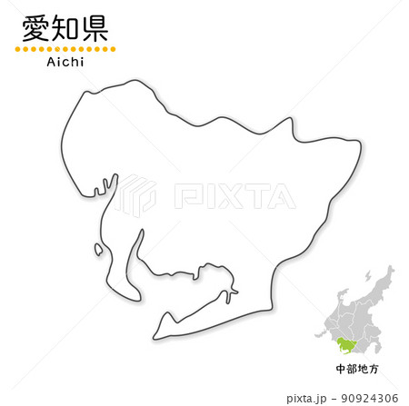 愛知県の単純化したかわいい地図、地方と場所