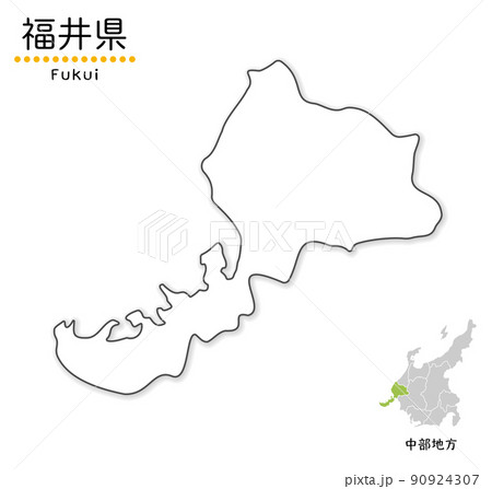 福井県の単純化したかわいい地図、地方と場所