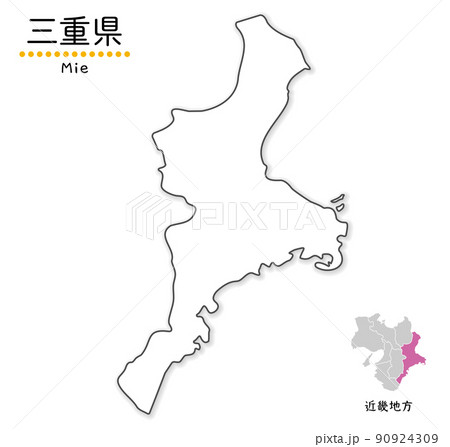三重県の単純化したかわいい地図、地方と場所