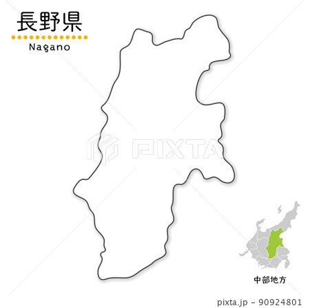 長野県の単純化したかわいい地図、地方と場所