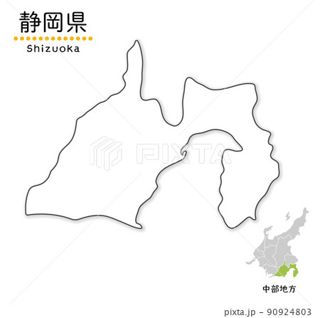 静岡県の単純化したかわいい地図、地方と場所