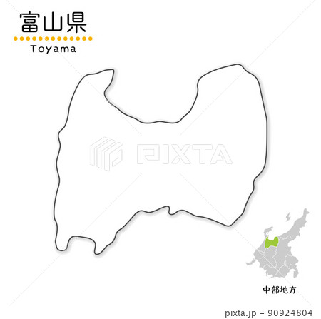 富山県の単純化したかわいい地図、地方と場所
