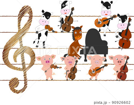 馬や牛 豚たちが歌を歌ったり楽器を演奏したりしている のイラスト素材