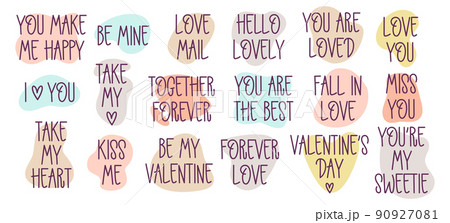 Valentine's Day doodle style hand-drawn icons with simple engraving retro effect and quotes 90927081