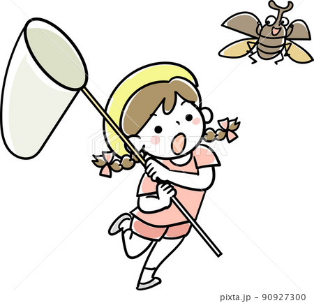 捕虫網を持ってカブトムシを追いかける女の子 90927300