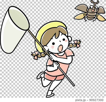 捕虫網を持ってカブトムシを追いかける女の子 90927300