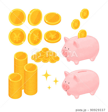 コインと豚の貯金箱のイラスト素材セット（手描き風） 90929337