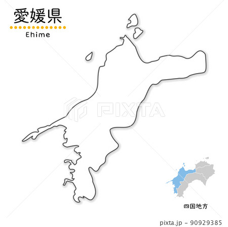 愛媛県の単純化したかわいい地図、地方と場所