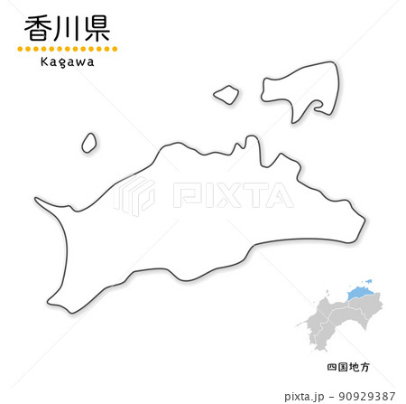 香川県の単純化したかわいい地図、地方と場所